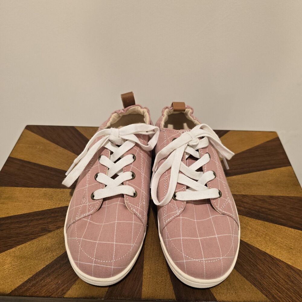 Spenco Canvas Sneakers Womens 7 D Slip On Orthotic Shoes Windowpane Pink Spring - Picture 3 of 13
